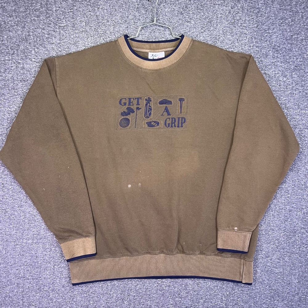 M&C Sport Sweatshirt Mens XL Tan Golf Get A Grip Vintage Casual Embroidered Crew